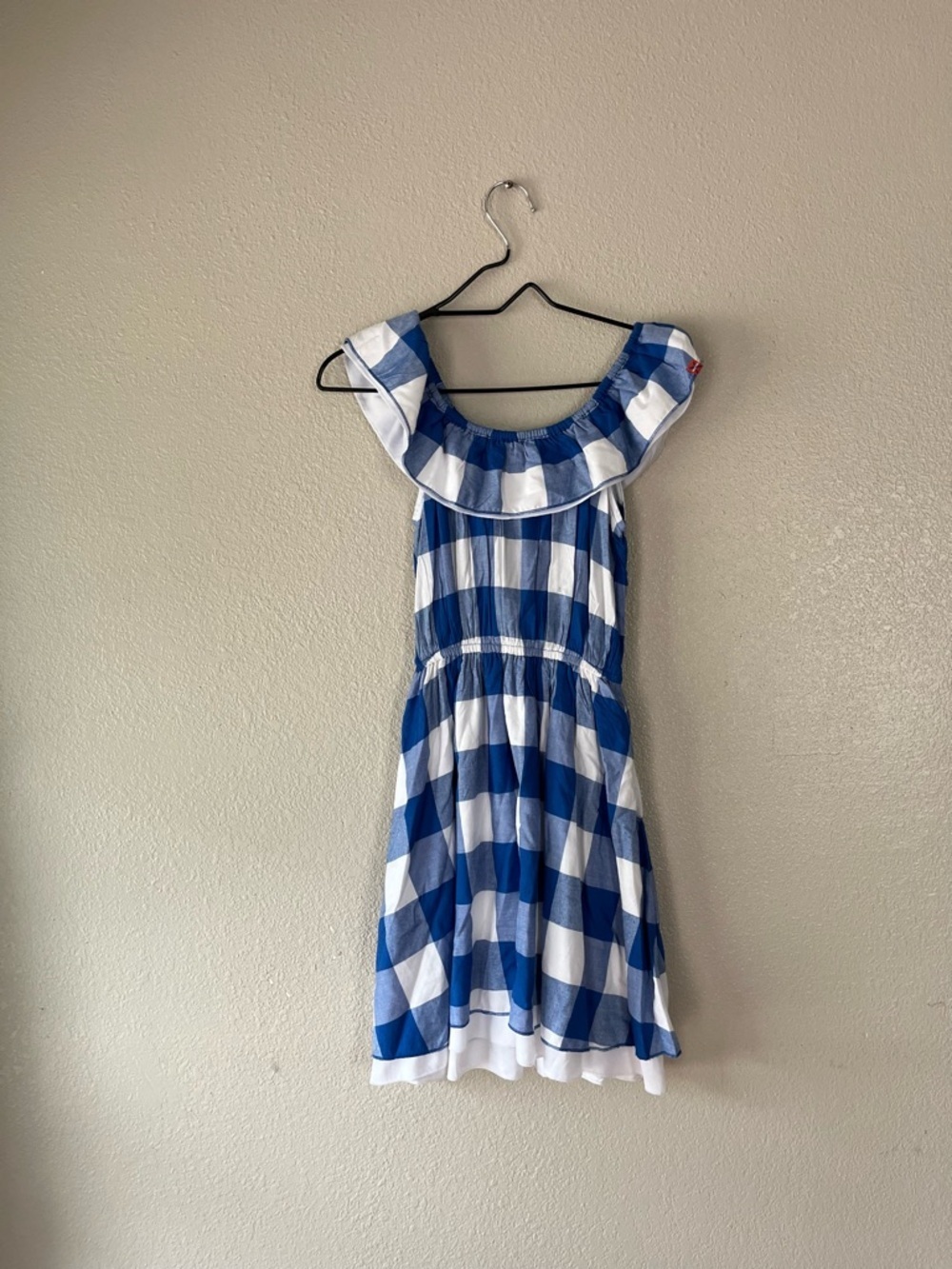 Blue and White Gingham Ruffle-Neck Casual Dress